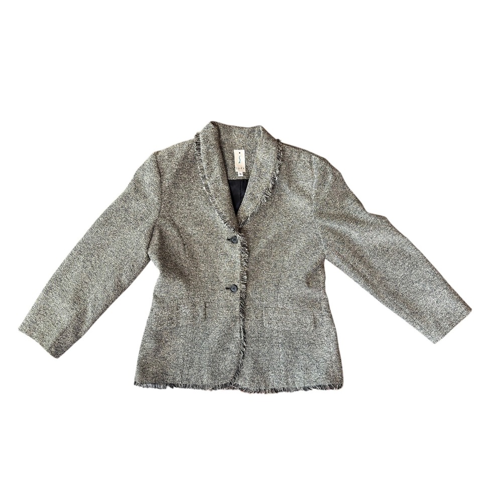 Vtg 90s Tweed Gray Blazer Bouclé Fringe Frayed Collar Lined  Womens Size 6